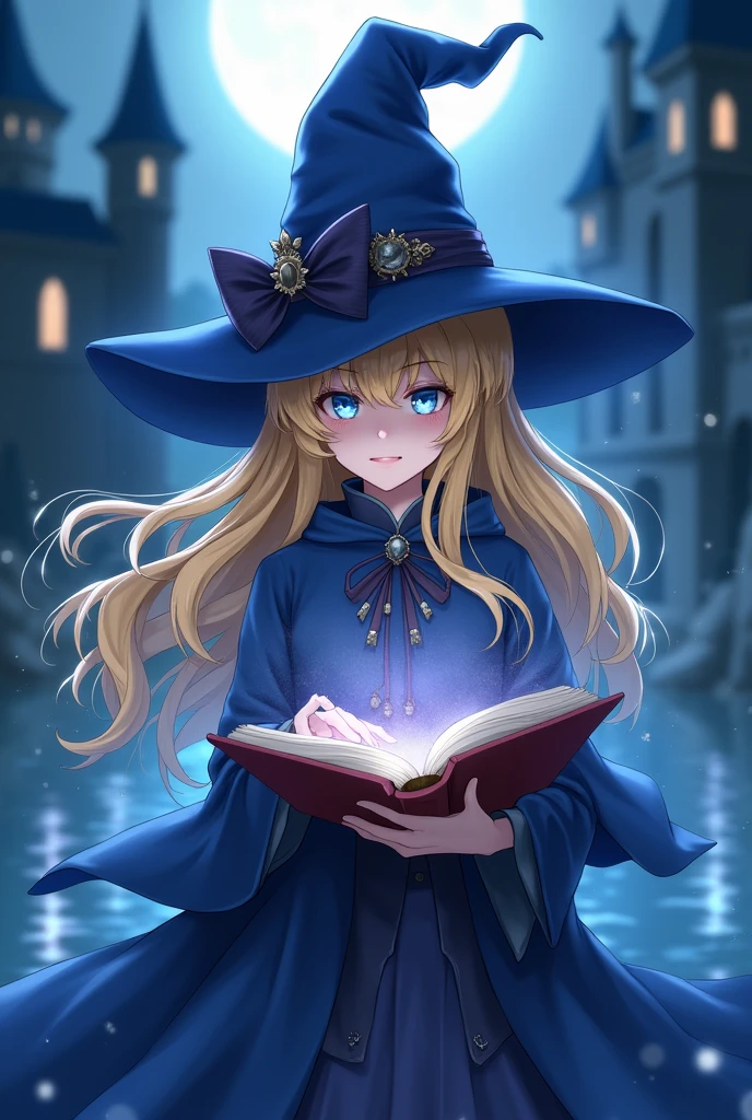 dark magician girl, masterpiece, best quality, (1girl), solo, (water), long hair, blonde hair, blue headwear, wizard hat, spell casting, castle, castle:2, motion blur, book, magic, (moonlight:1.2), chromatic aberration, depth of field, soft lighting, highly detailed face, highly detailed eyes, 