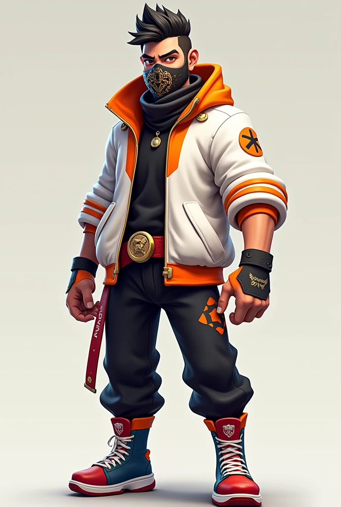 He has a white shirt on top and orange on the bottom and he has a black mask, black pants with white details with gold details, his shoes are red and blue, his hair is black, the mask has some details, the white part has some orange details, the cartoon character is my free fire game character.