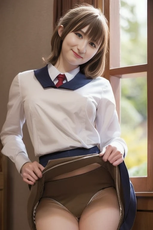 (RAW Photos, Highest quality), (Realistic, photo-Realistic:1.3), masterpiece, Very delicate and beautiful, Very detailed, CG, Unity , 2k wallpaper, wonderful, In detail, A light smile, Very detailed CG Unity 8k wallpaper, Large file size, Very detailedな, High resolution, Absurd, Soft Light, (((Medium Hair:1.3), Short bangs, Brown Hair、Floating Hair NovaFrogStyle)), Beautiful detailed girl, Detailed fingers, Very detailed eyes and face, Beautiful and detailed nose, Beautiful details, Long eyelashes, Light on the face, Show Viewer,((Uniform and skirt:1.5)), (((Roll up the skirt yourself))), (I lifted it myself), ((panties:1.5)) , panties focus, One Girl, cute, young, Mature Face, (whole body:1.3), ((Small breasts)), Realistic face, Realistic body, Beautiful thigh detail,