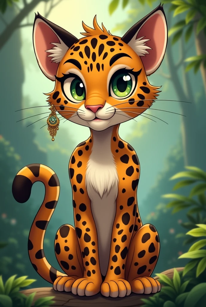 A jaguar girl for a children&#39;s comic. Realistic HD. Earrings on left ear full body. further . further . mischievous look . A pink bow. a little chain with a pendant around the neck.a pearl earring in the left ear . No. To the house previous image. Throw away this last one. and. but without breasts.  And full body in an estuary. The very pretty Pajonal 