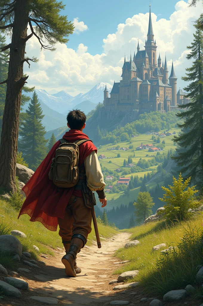 a 17 year old adventurer in medieval times, walking to a city that is considered the capital, with the city in the background