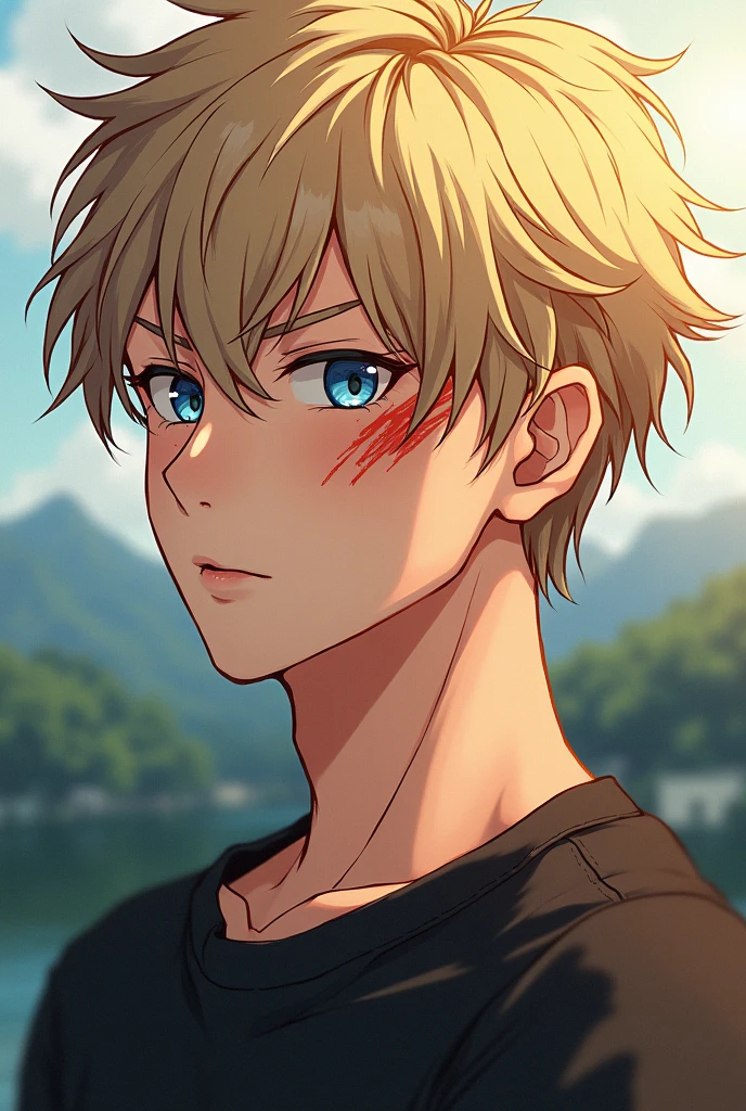 guy with blonde very short hair ,blue eyes, scar over eye ,anime style