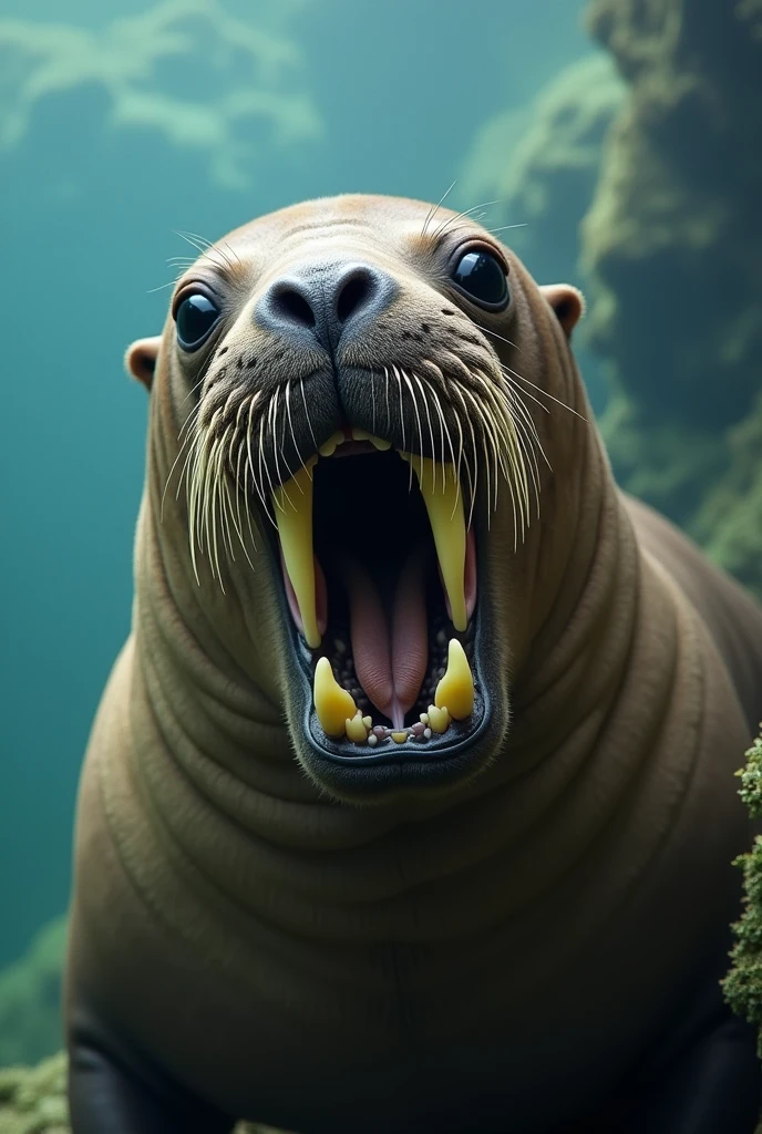 walrus with human mix showing its tooth