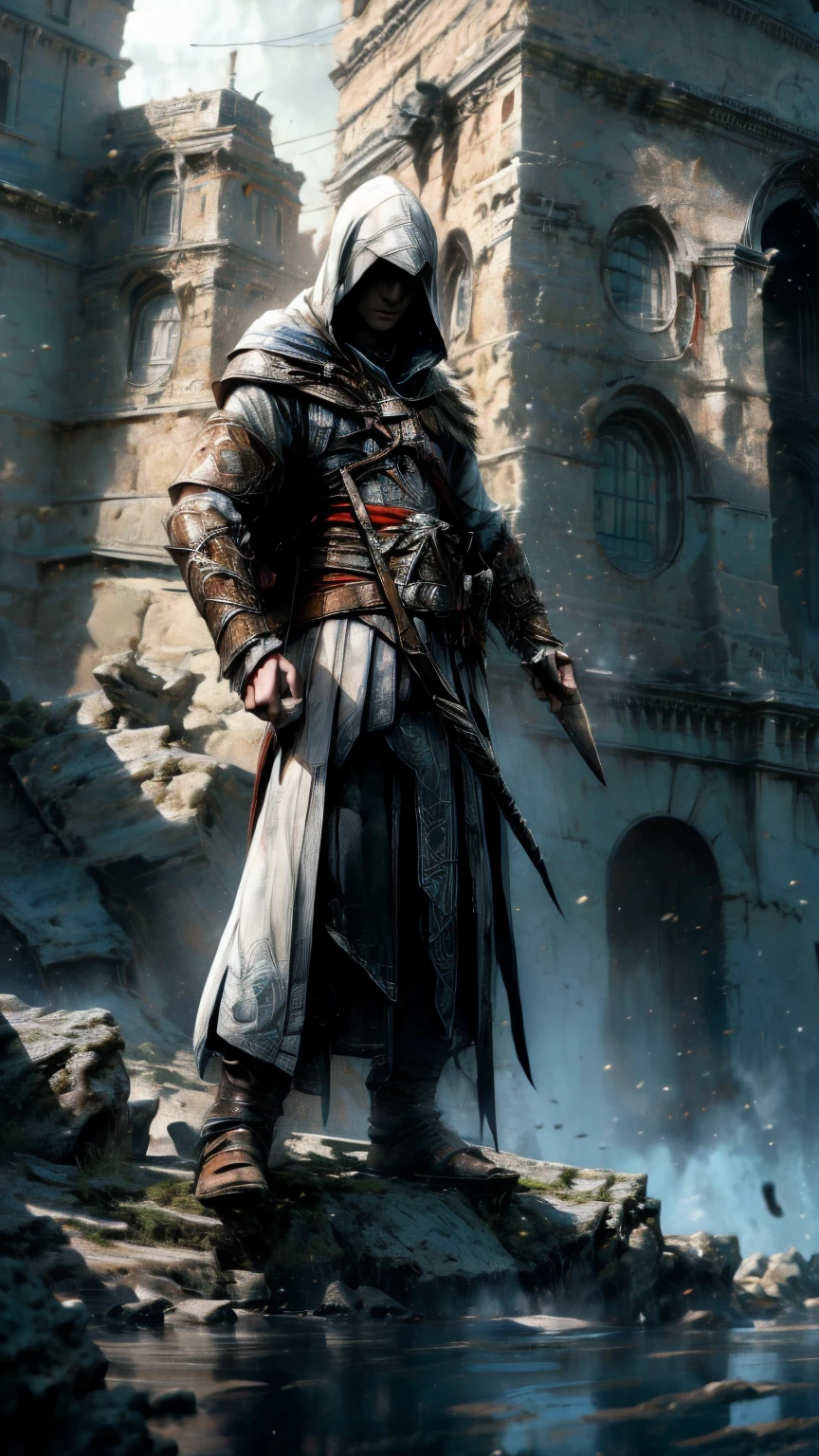 A highly detailed, cinematic illustration of an assassin from the Assassin's Creed universe:1.4, wearing a striking white hooded cloak and hidden blade, set against a moody, atmospheric background, dramatic lighting, intricate ornate architecture, photorealistic, digital art, concept art style