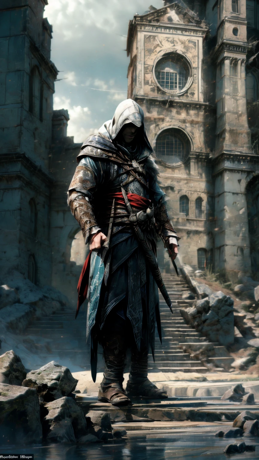 A highly detailed, cinematic illustration of an assassin from the Assassin's Creed universe:1.4, wearing a striking white hooded cloak and hidden blade, set against a moody, atmospheric background, dramatic lighting, intricate ornate architecture, photorealistic, digital art, concept art style