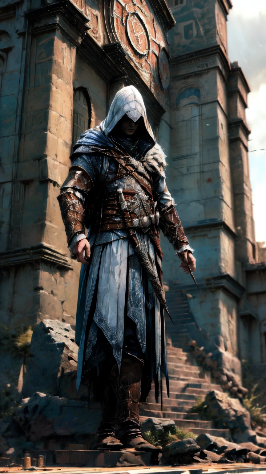 A highly detailed, cinematic illustration of an assassin from the Assassin's Creed universe:1.4, wearing a striking white hooded cloak and hidden blade, set against a moody, atmospheric background, dramatic lighting, intricate ornate architecture, photorealistic, digital art, concept art style