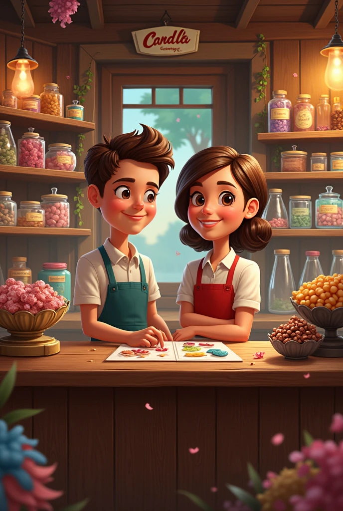 Create an image of a two brothers candy store