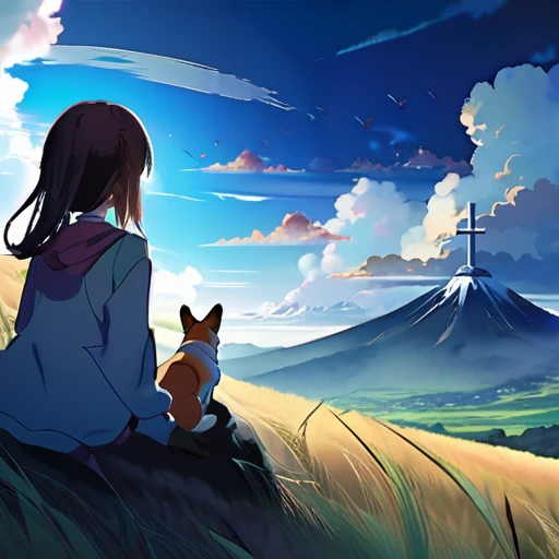 anime landscape of a girl&cute corgidog sitting on a hill with grasses with dark blue clouds, blue cere madder sky lightly big bell with few clouds, anime nature wallpapers, beautiful anime scene, beautiful anime peace scene, Makoto Shinkai Cyril Rolando, beautiful scene of anime, amazing wallpaper, anime art wallpaper 8k, anime background, art anime background, anime 4k wallpaper, anime art 4k wallpaper, anime art 4k wallpaper, prayer of requiem prayer of requiem