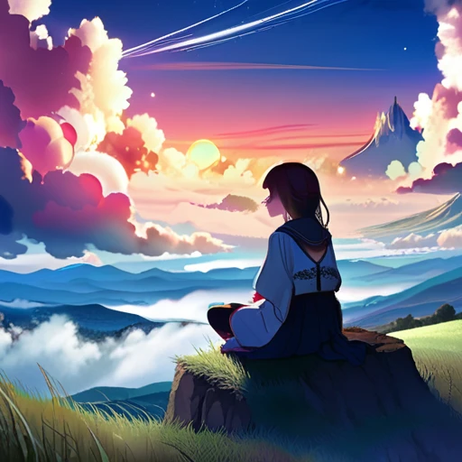 anime landscape of a girl&cute corgidog sitting on a hill with grasses with dark blue clouds, blue cere madder sky lightly big bell with few clouds, anime nature wallpapers, beautiful anime scene, beautiful anime peace scene, Makoto Shinkai Cyril Rolando, beautiful scene of anime, amazing wallpaper, anime art wallpaper 8k, anime background, art anime background, anime 4k wallpaper, anime art 4k wallpaper, anime art 4k wallpaper, prayer of requiem prayer of requiem