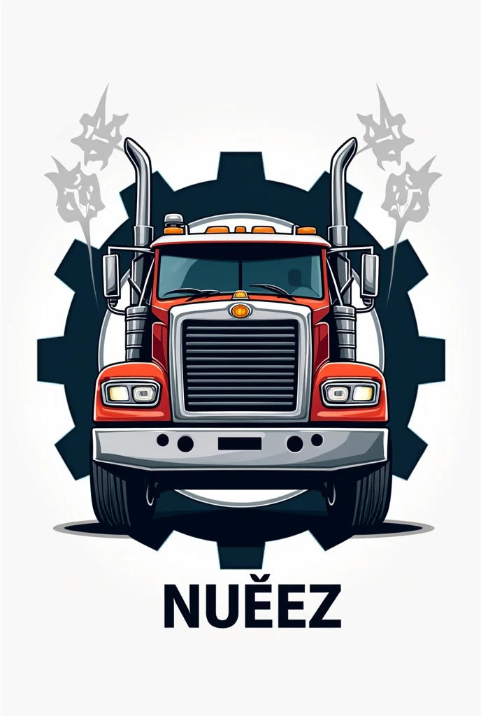 A logo for a body manufacturing company featuring a truck with a body in the center, with gears around it and the word NUÑEZ below the body with welding machines on the sides