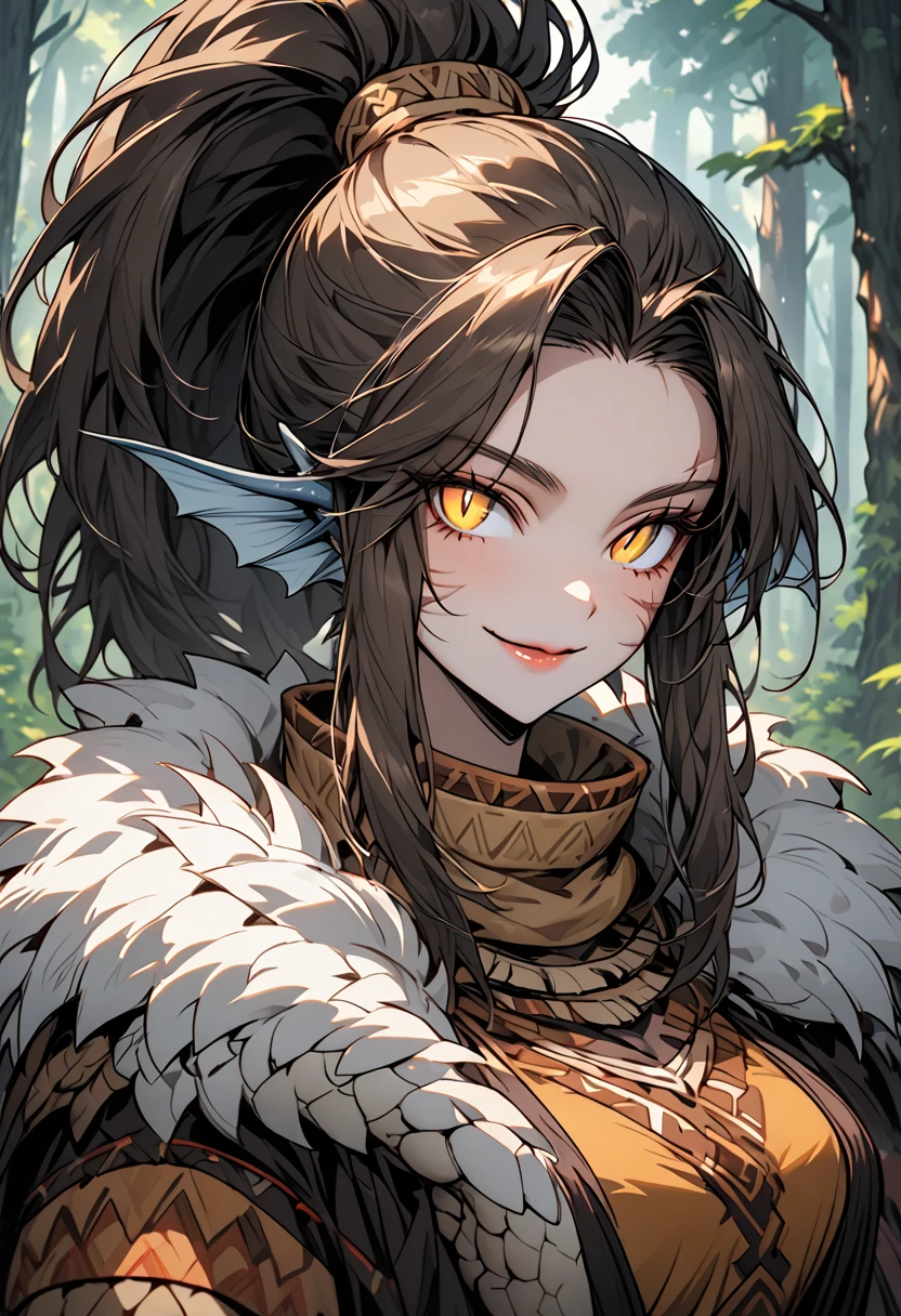 solo, female, tall, fit, broad shoulders, fit, light fair skin, long brown ponytail, scars, scar on face, yellow eyes, slit pupils, head fins, broad shoulders, scales on forearms, scale hands:1.3, forest, wood cabin, day, smile, close up, crocodilian tail, fur collar cape, close up, adventurer, tribal warrior, large breasts:0.3