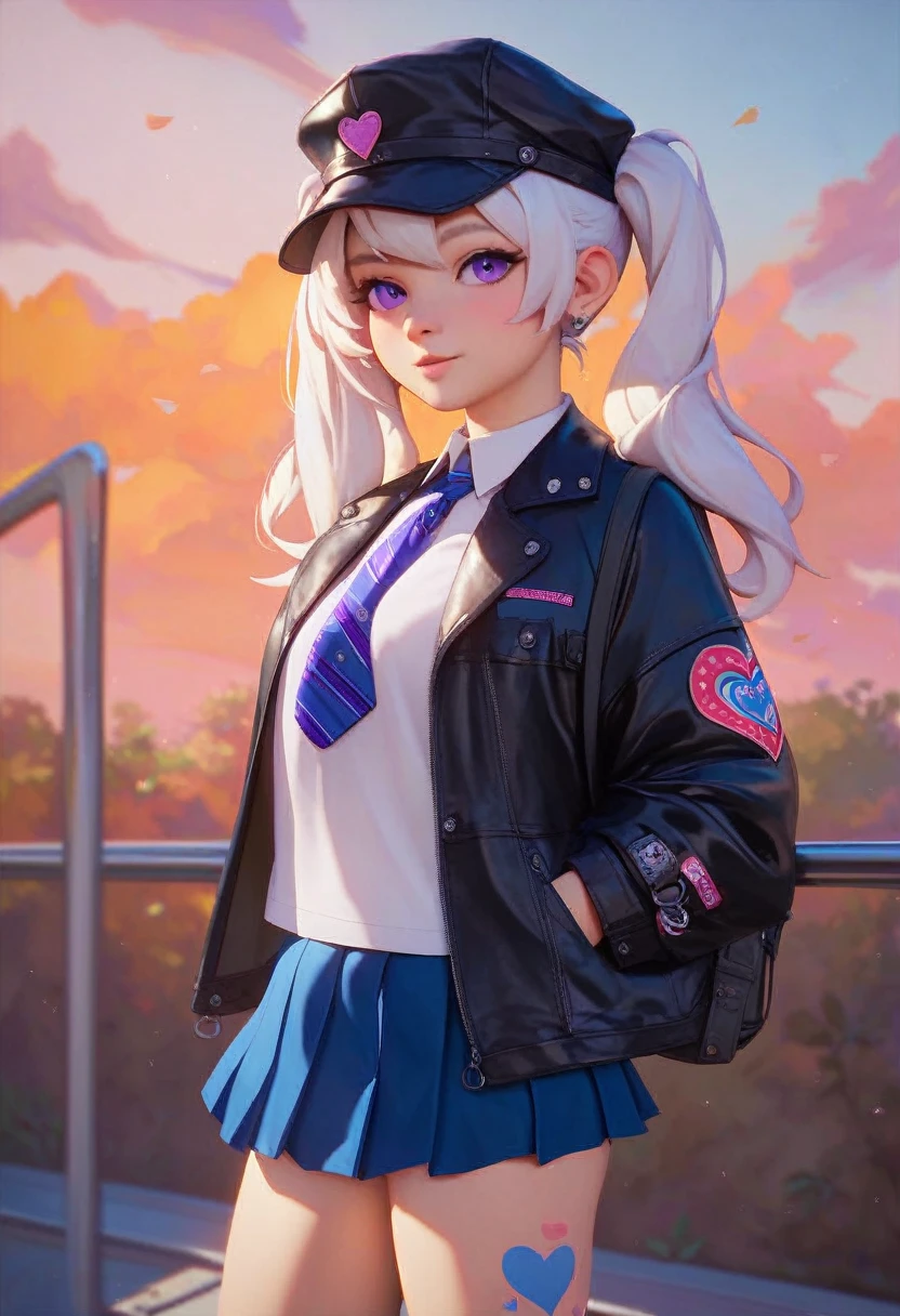 1girl, solo, white hair, purple eyes, twintails, leg tattoos, school uniform, mini skirt, love heart print, navy cap, leather jacket, orange sky,, outdoors, train station, standing in front of bus,,