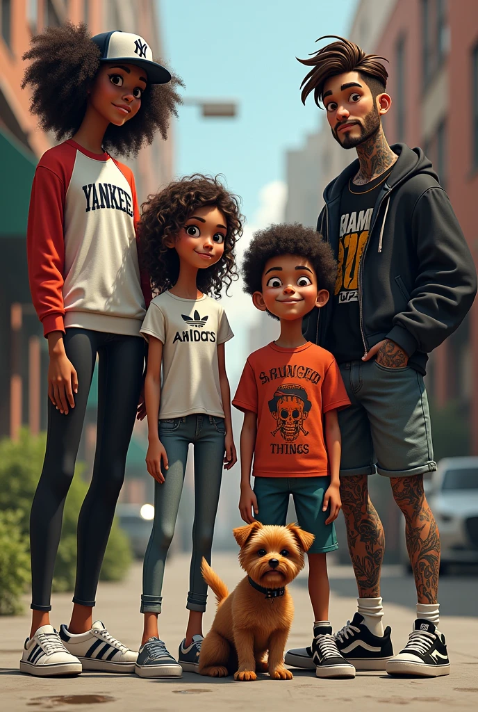 Tall girl Yankees cap curly hair long sport shirt chubby tight pants Adidas shoes, next to girl with curly hair and white skin, stranger things shirt, tall boy, luffy shirt, short height man, rocker shirt with black jacket, tattooed skin, cholo, black boots, small stature, next to a brown dog