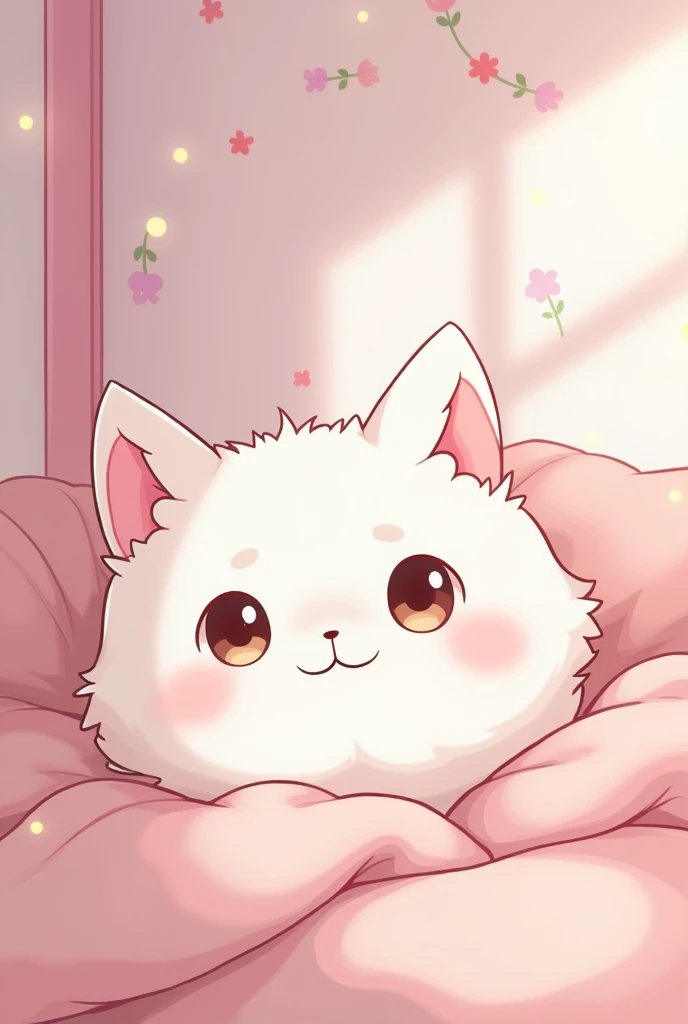 create a picture of a pastel pink anime room with a cute white anime cat in the background