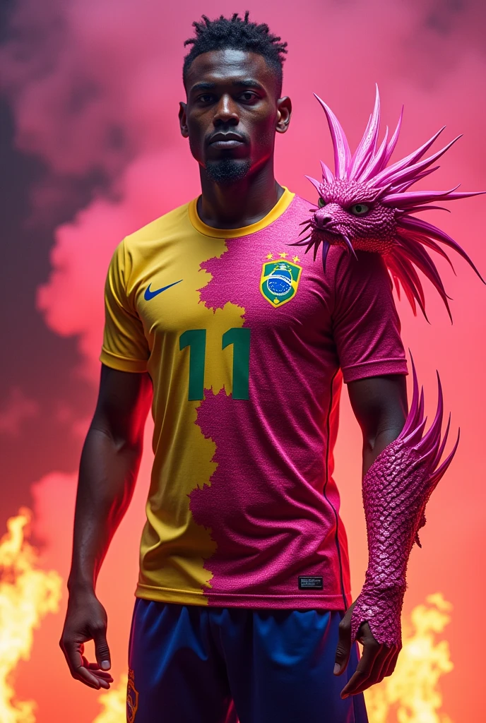 Brazilian soccer uniform without a black player and a giant pink dragon with pink scales on the right shoulder, Nike brand and pink fire underneath 