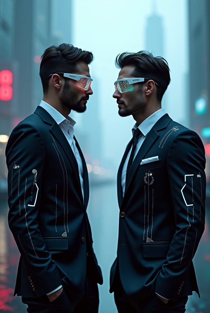 Futuristic men , With glasses , suit and lots of android style lights