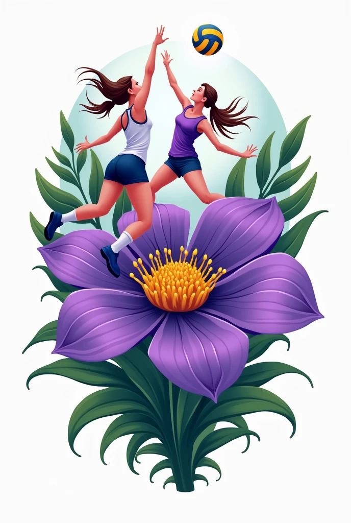 Violet flower logo, women playing volleyball 