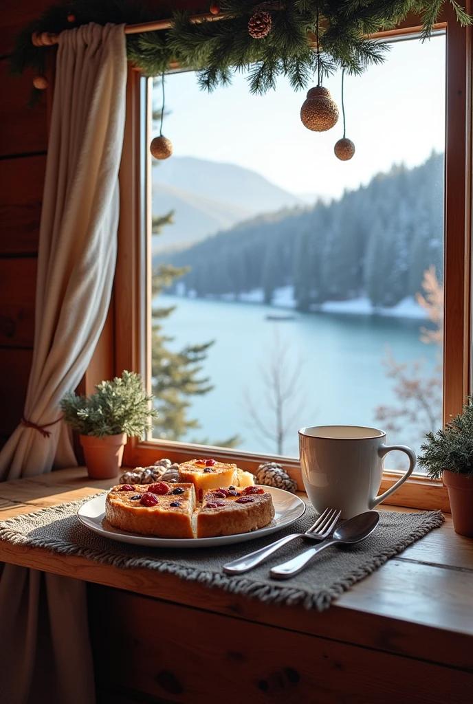 Winter cozy terase of a cozy cabin, with a marvelous look on a lake from above, very delicious breakfast, tee