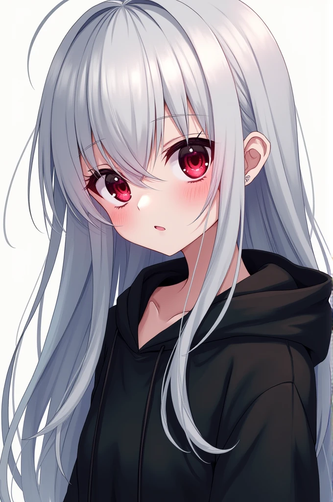 White haired red eyed anime girl wearing a black hoodie 
