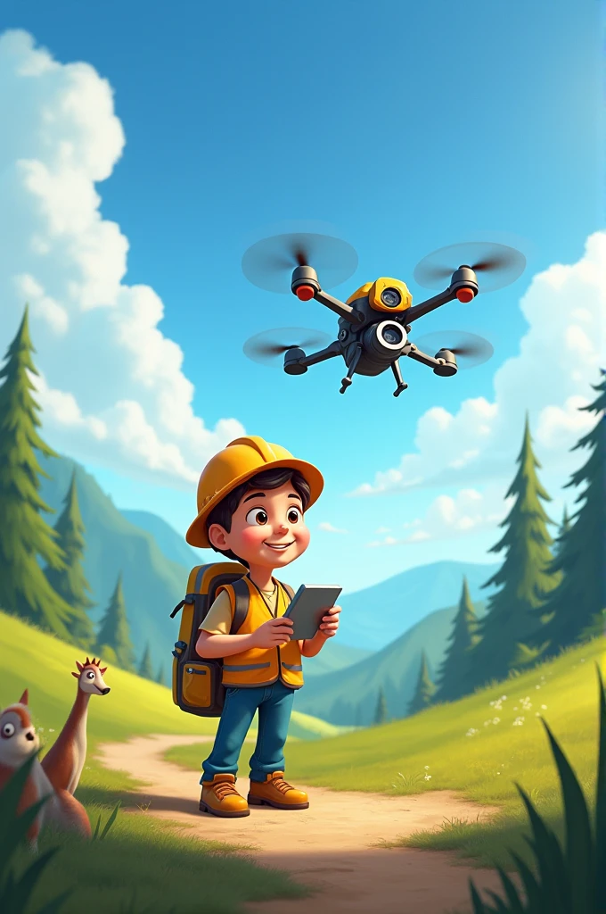 Create a Disney-like image of a surveyor operating a drone