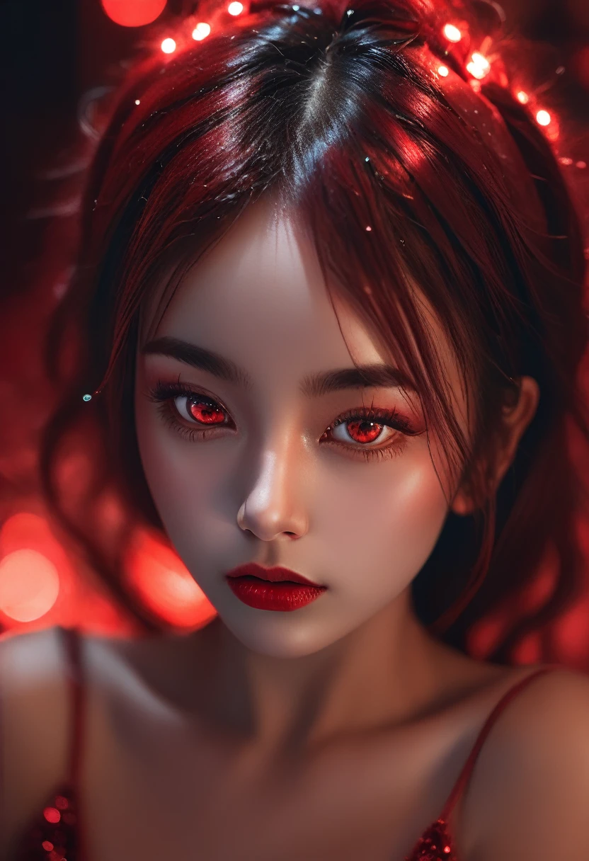 Perfection, photograph of ((stunningly attractive)) woman, half human, she is connected at some devices, connected, (((Vixen))), black and red, ((feminine)), (perfect round eyes), detailed skin, (gorgeous hair), sparkles, DOF, subsurface scattering, glow, amazing composition, 8k, highly detailed, art, artistic, sharp focus, highly detailed, luminous, creamy bokeh, intimate, enchanting, natural beauty, poetic, 35mm,