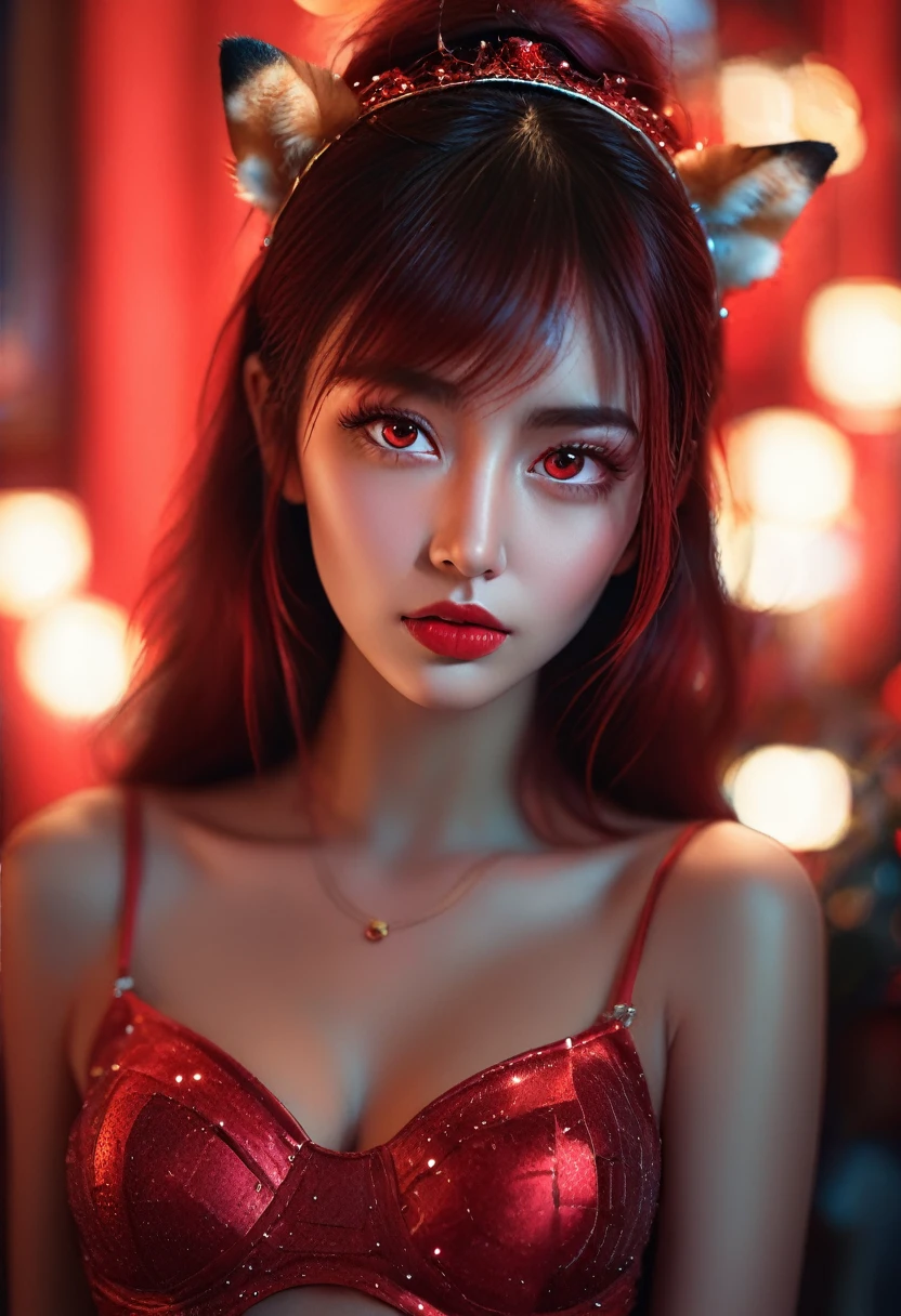Perfection, photograph of ((stunningly attractive)) woman, half human, she is connected at some devices, connected, (((Vixen))), black and red, ((feminine)), (perfect round eyes), detailed skin, (gorgeous hair), sparkles, DOF, subsurface scattering, glow, amazing composition, 8k, highly detailed, art, artistic, sharp focus, highly detailed, luminous, creamy bokeh, intimate, enchanting, natural beauty, poetic, 35mm,