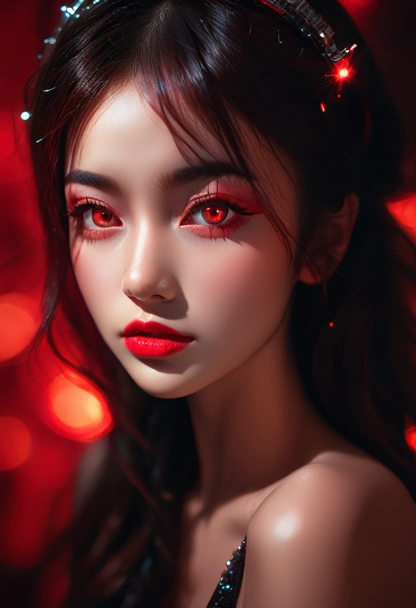 Perfection, photograph of ((stunningly attractive)) woman, half human, she is connected at some devices, connected, (((Vixen))), black and red, ((feminine)), (perfect round eyes), detailed skin, (gorgeous hair), sparkles, DOF, subsurface scattering, glow, amazing composition, 8k, highly detailed, art, artistic, sharp focus, highly detailed, luminous, creamy bokeh, intimate, enchanting, natural beauty, poetic, 35mm,