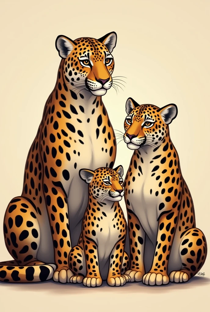 Generates a backgroundless image depicting a family of jaguars in a pose simulating a family photo. The image must include:

An adult male jaguar (dad), with a protective expression.
An adult female jaguar (mother), with a loving expression.
A young jaguar (20 year old teenage son), with a more independent or rebellious stance.
A jaguar cub (8 year old son), with a playful or curious expression.
Jaguars belong together, in a posture that reflects family unity, as if they were posing for a family photograph. The image must be without background