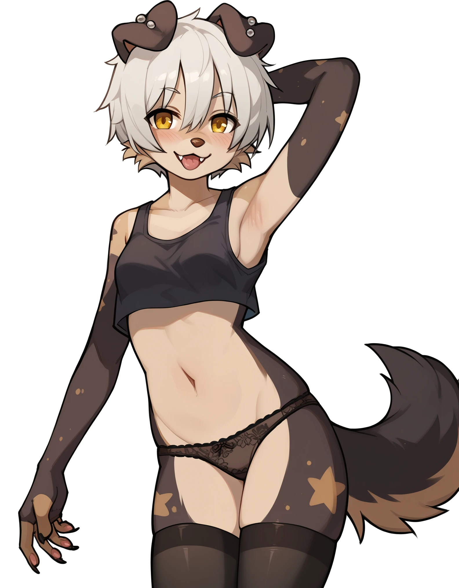 score_9, score_8_up, score_7_up, score_6_up, rating_safe, furry, puppyemonade \\\\(artist\\\\), 1girl, mammal, solo, clothing, anthro, animal ears, tail, canid, furry female, female, canine, panties, furry, underwear, dog ears, navel, black panties, thighhighs, dog tail, hair, domestic dog, blush, yellow eyes, looking at viewer, canis, dog girl, open mouth, clothed, breasts, arm behind head, legwear, crop top, tongue, small breasts, white hair, black thighhighs, fangs, short hair, arm up, piercing, smile, fur, topwear, cowboy shot, body fur, grey hair, midriff, tank top, hair between eyes, claws, animal nose, collarbone,