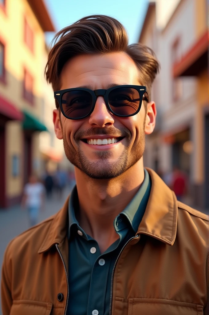 Draw me a man with brown hair and black sunglasses smiling