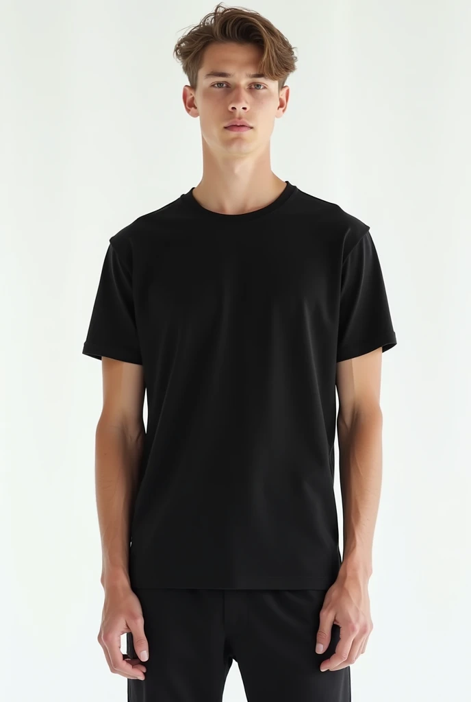 Young man wearing plain black unisex t-shirt, on a white background 