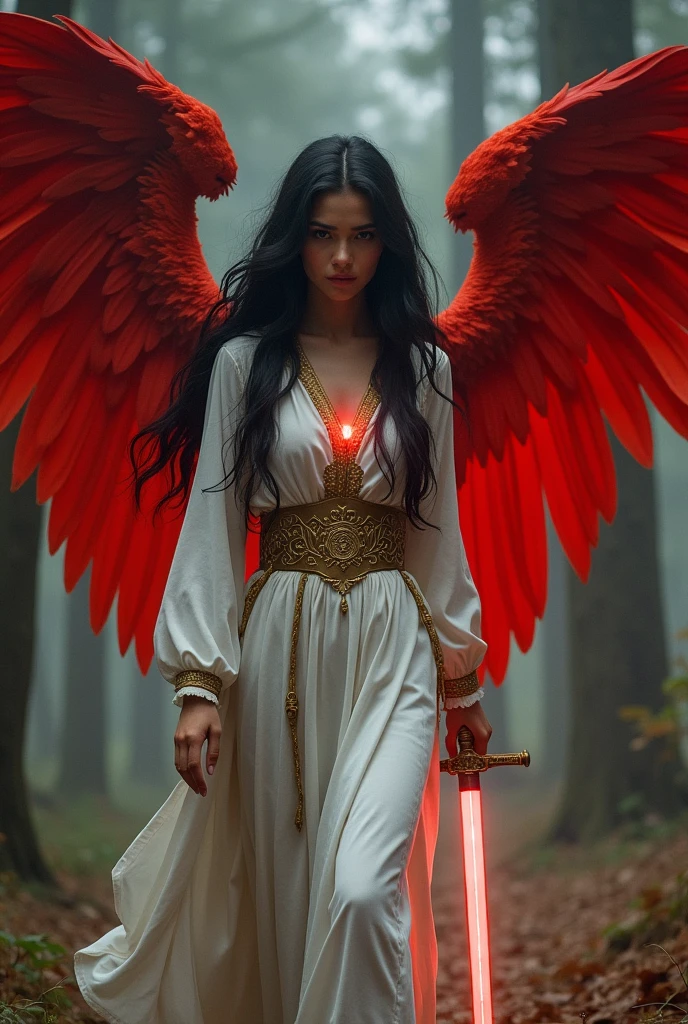 Woman about 18 years old, white skin but a little tanned with long black hair, Red eyes and big red angel wings. Dressed in white clothing with gold trim and a sword in her hand. She is walking in the woods lost and a little worried. A faint red light comes out of his chest. 