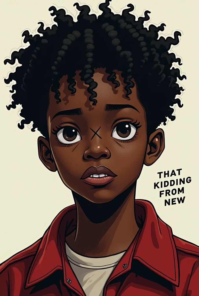 Black boy persona "THAT KIDDING FROM NEW" with black hair type c4 curly with "X" in place of the eyes