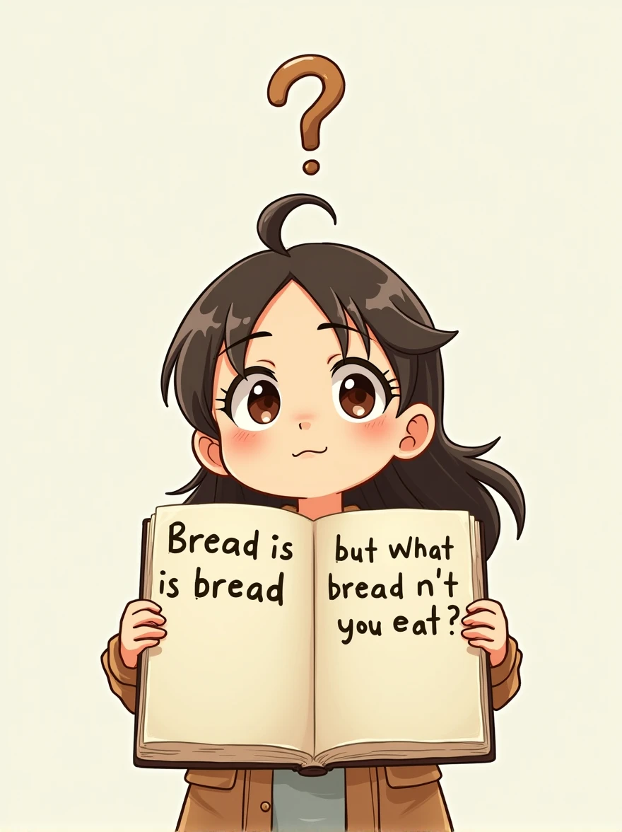 1 girl,A question mark floats over her head,tilts her head, She is holding both ends of the notebook and it to us, In her notebook, she wrote in poor handwriting, "Bread is bread, but what bread can't you eat?"