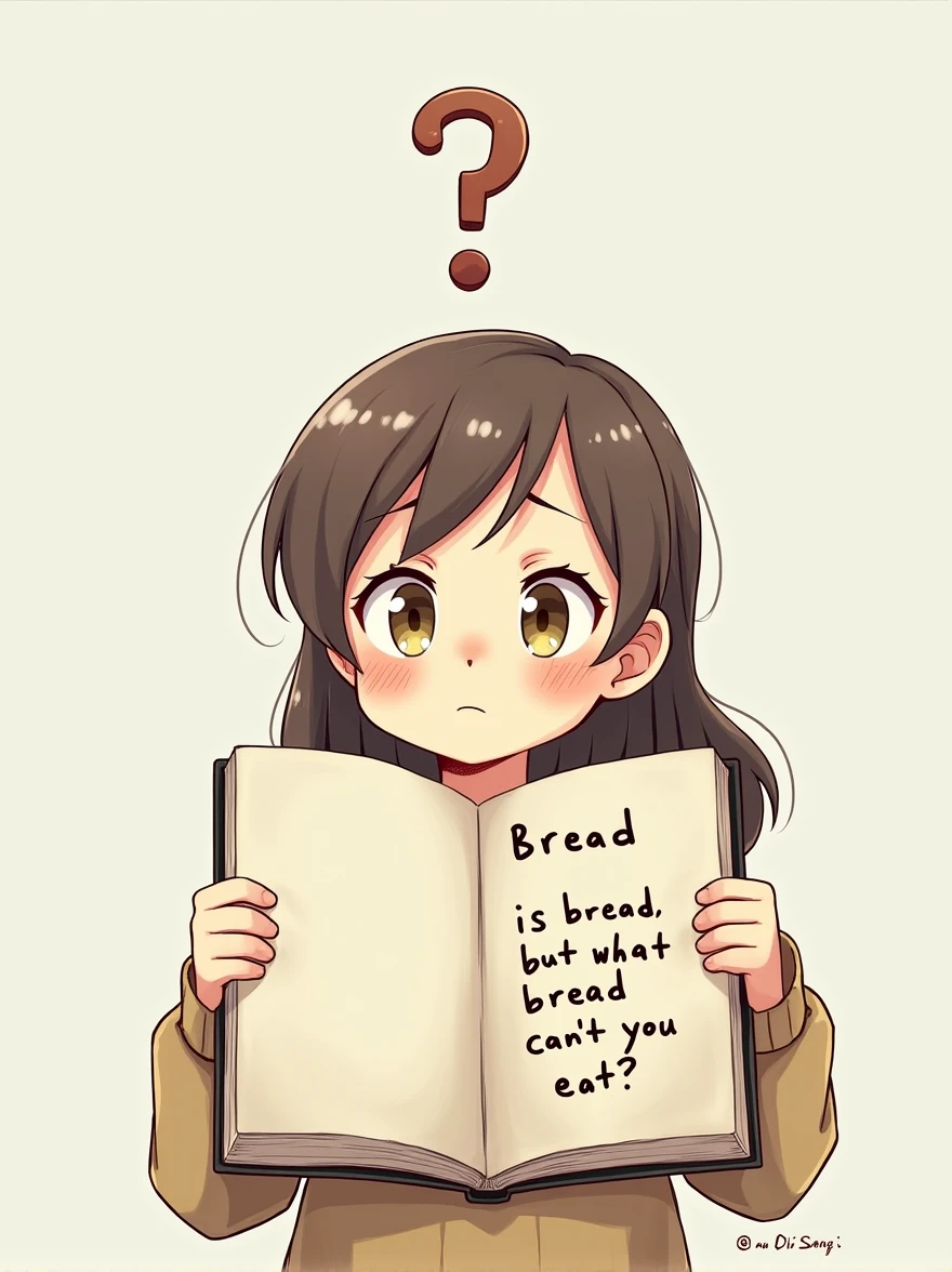1 girl,A question mark floats over her head,tilts her head, She is holding both ends of the notebook and it to us, In her notebook, she wrote in poor handwriting, "Bread is bread, but what bread can't you eat?"
