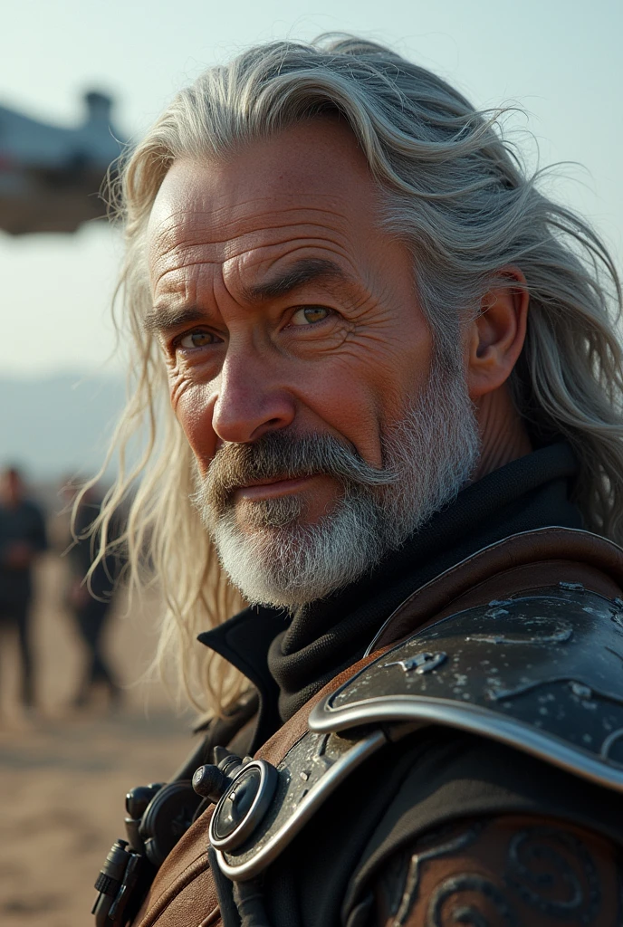 Mature men with long gray hair, brown eyes with futuristic warrior outfit, with a space battle ship on the background.