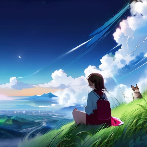 anime landscape of a girl&cute corgidog sitting on a hill with grasses with dark blue clouds, blue cere madder sky lightly big bell with few clouds, anime nature wallpapers, beautiful anime scene, beautiful anime peace scene, Makoto Shinkai Cyril Rolando, beautiful scene of anime, amazing wallpaper, anime art wallpaper 8k, anime background, art anime background, anime 4k wallpaper, anime art 4k wallpaper, anime art 4k wallpaper, prayer of requiem prayer of requiem