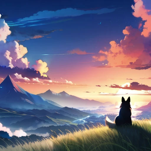 anime landscape of a girl＆cute corgidog sitting on a hill with grasses with dark blue clouds, blue cere madder sky  lightly big bell   with few clouds, anime nature wallpapers, beautiful anime scene, beautiful anime peace scene, Makoto Shinkai Cyril Rolando, beautiful scene of anime, amazing wallpaper, anime art wallpaper 8k, anime background, art anime background, anime 4k wallpaper, anime art 4k wallpaper, anime art 4k wallpaper,  prayer of requiem  prayer of requiem