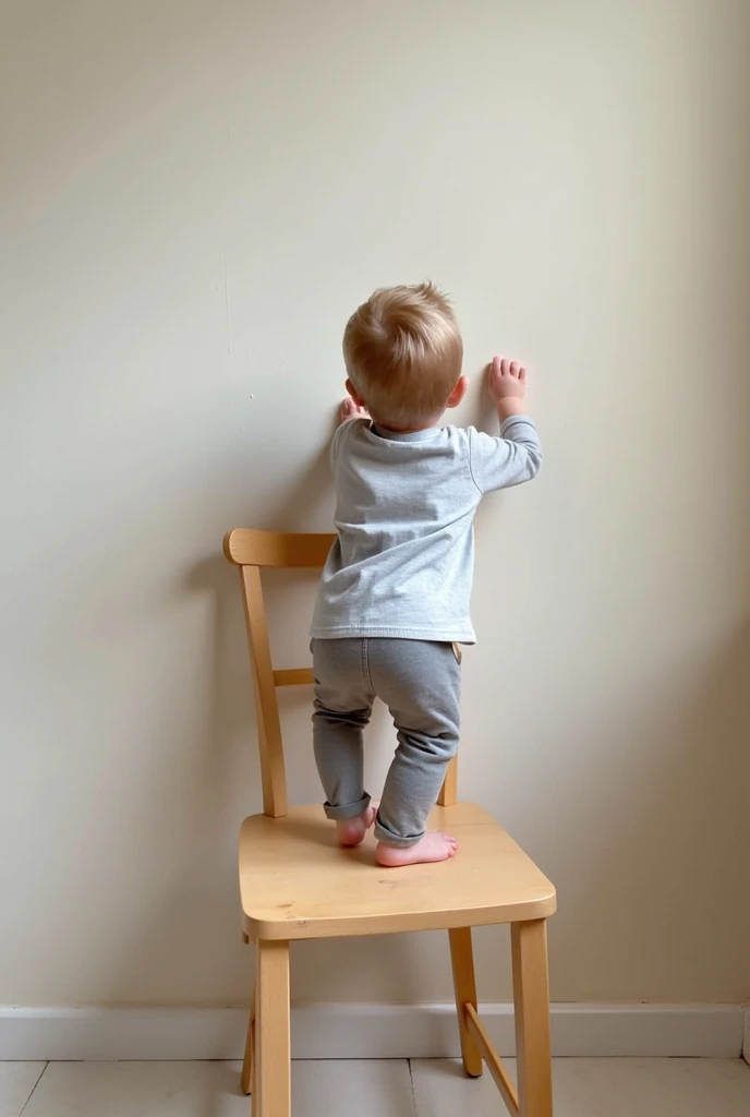  a  trying to climb on a chair to reach something high