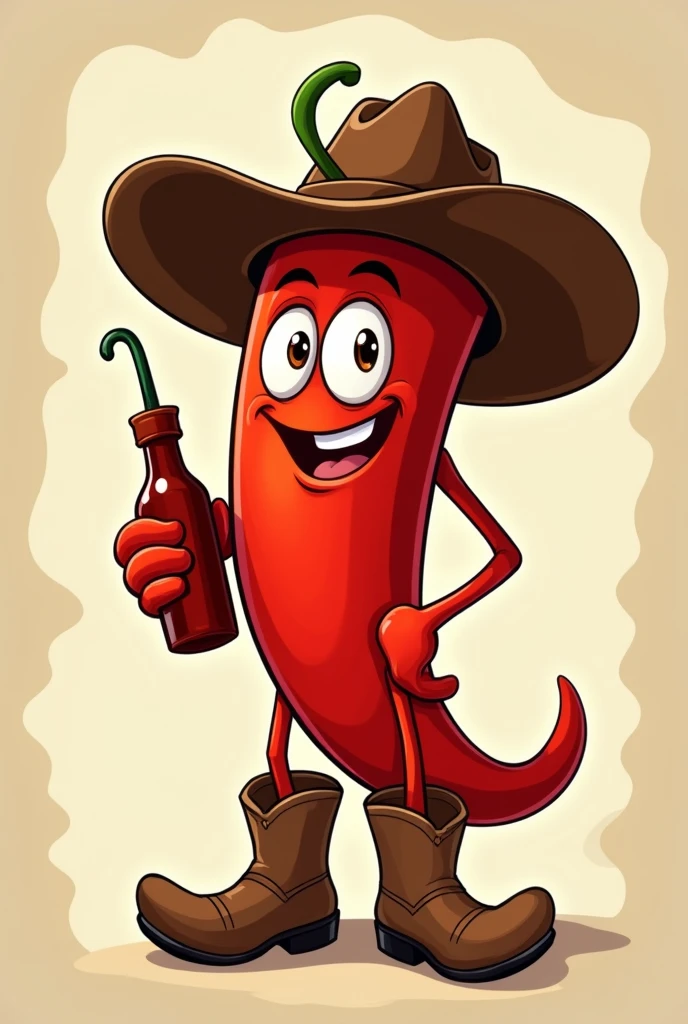 Anime style poster of a smiling red chili pepper with a hat, Cowboy boots, With bulging eyes; that has hands and is holding a bottle, with a legend above that says "spicy sauce from the garden" 
