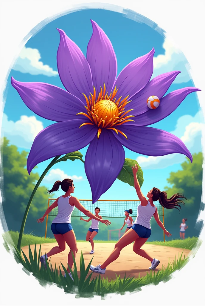 Violet flower logo, women playing volleyball 