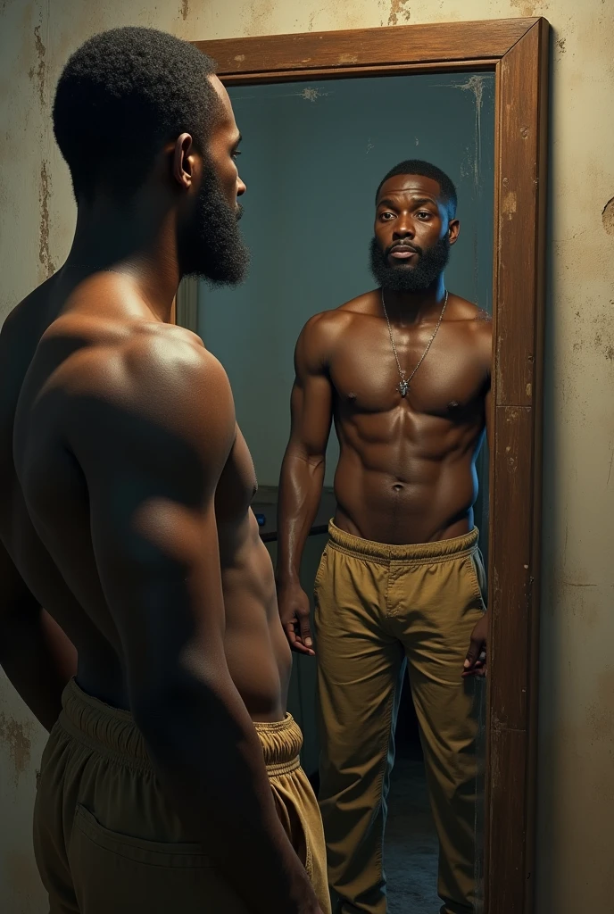 Realistic young African dad looking at himself in full body mirror: first picture with shabby clothes and the other part in the mirror he is well dressed: full body in the other picture he is well dressed