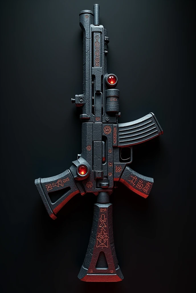 Create an image of a detailed concept skin for the **ACE32 assault rifle**, named **Abyssal Fang**. The gun should be forged from dark obsidian stone with intricate, glowing cryptic runes etched along its body. The skin's primary colors are deep black and smoky grey, with subtle accents of dark crimson to highlight its menacing aura. The design should exude a gothic and ancient feel, with the texture resembling cracked obsidian, and the runes should pulse as if channeling dark energy. The barrel and stock should have sharp, angular lines to give it a more aggressive, ominous appearance, fitting for a weapon of a dark overlord. Dark and dirty brown.