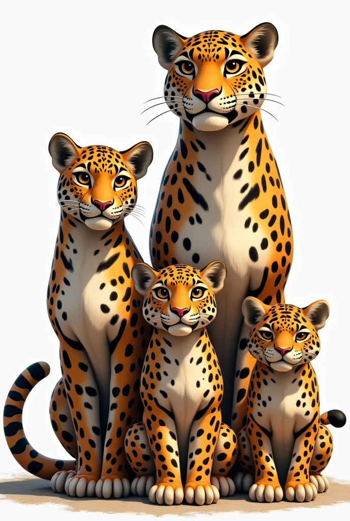 Generates a backgroundless image representing a family of 4 jaguars in a pose that simulates a family photo. The image must include:

An adult male jaguar (dad), with a protective expression.
An adult female jaguar (mother), with a loving expression.
A young jaguar (20 year old teenage son), with a more independent or rebellious stance.
A jaguar cub (8 year old son), with a playful or curious expression.
Jaguars belong together, in a posture that reflects family unity, as if they were posing for a family photograph. The image must be without background