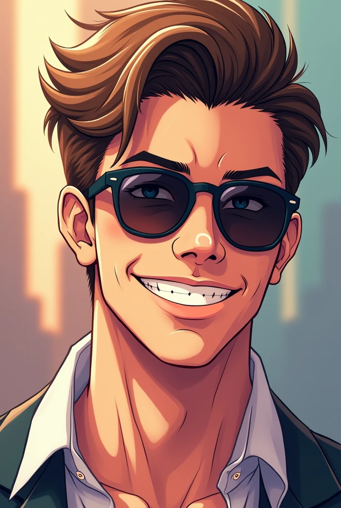 Draw me an anime style picture of a man with brown hair and black sunglasses smiling