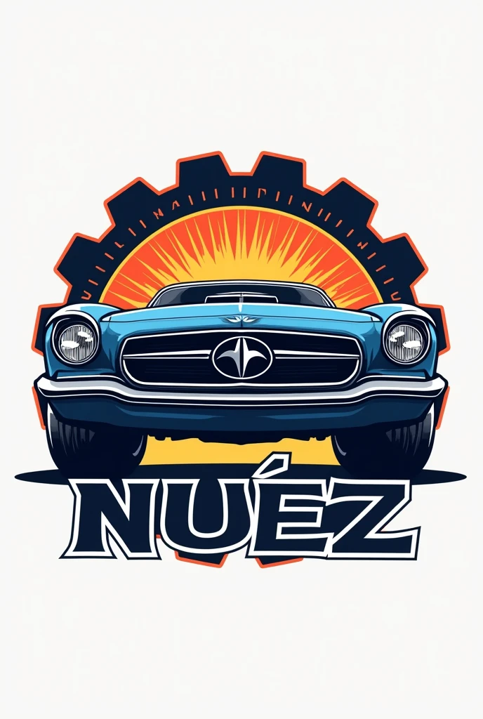 A logo for a car body manufacturing company with a majestic car body in the center, with gears around it and the word NUÑEZ that stands out below the body with welding machines on the sides