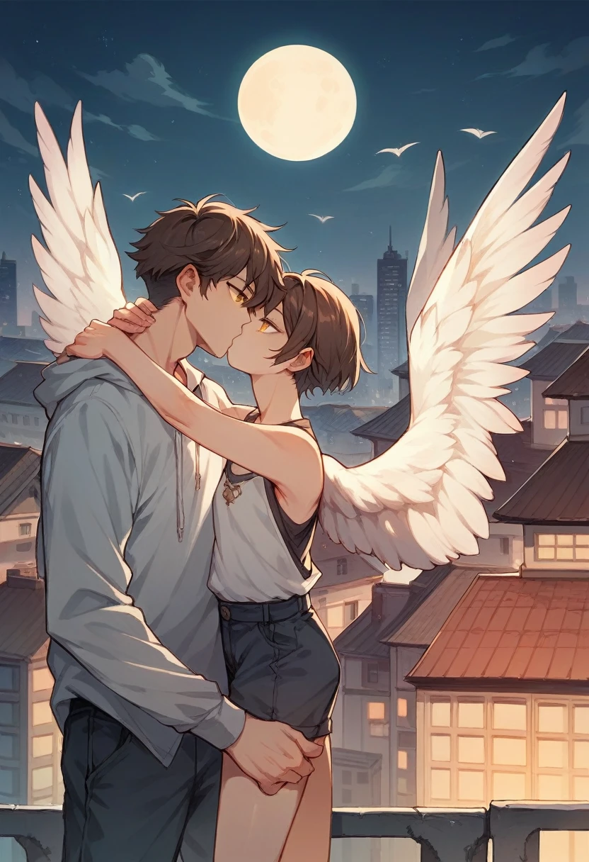 Young man with big white wings brown short hair and yellow eyes, man standing in front of young woman, woman has long working hair, kiss, moon, roof, city 