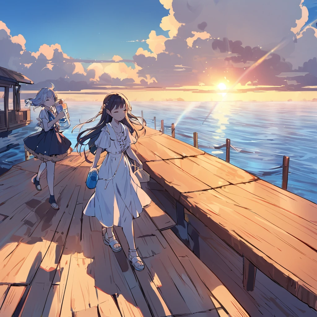 Very delicate illustrations。Light-toned anime-style illustrations。A Nereides girl with blue, transparent skin。A small crab is walking on the pier,sweating,closed eyes,She uses a straw to drink water from a plastic bottle and stays hydrated.。She has a cute light blue splash of hair.、Sitting on a wooden pier looking out to sea。Hot summer sunshine。