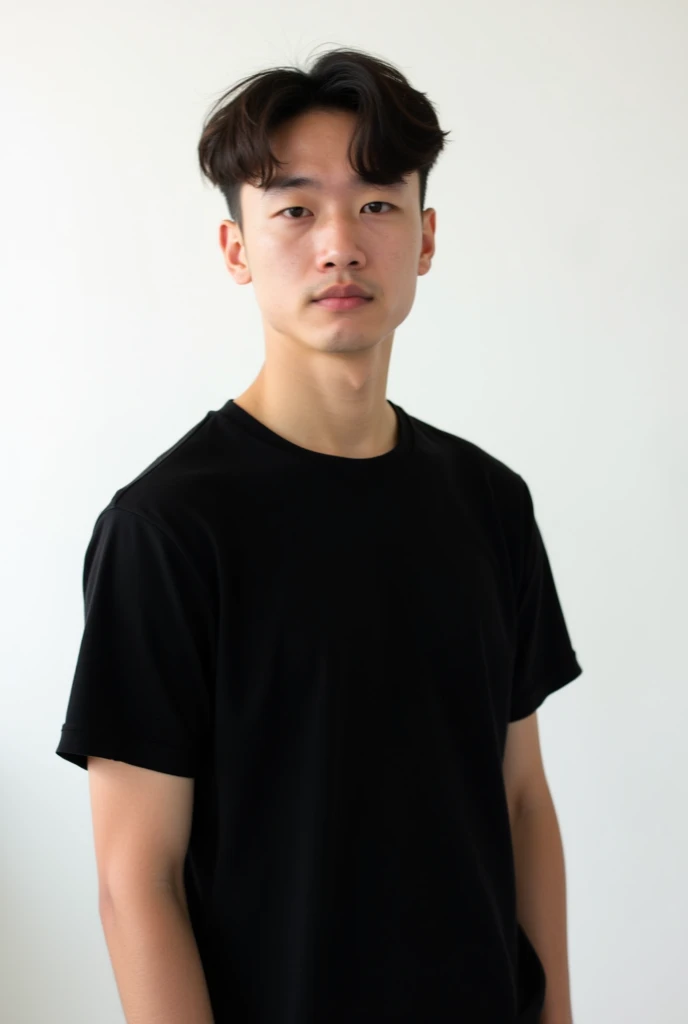 Young man wearing plain black unisex t-shirt, on a white background
