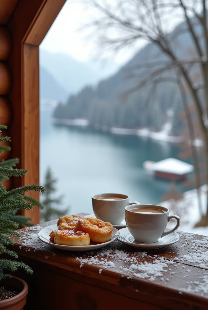 Winter cozy terase outside, of a cozy cabin, with a marvelous look on a lake from above, very delicious breakfast, tee